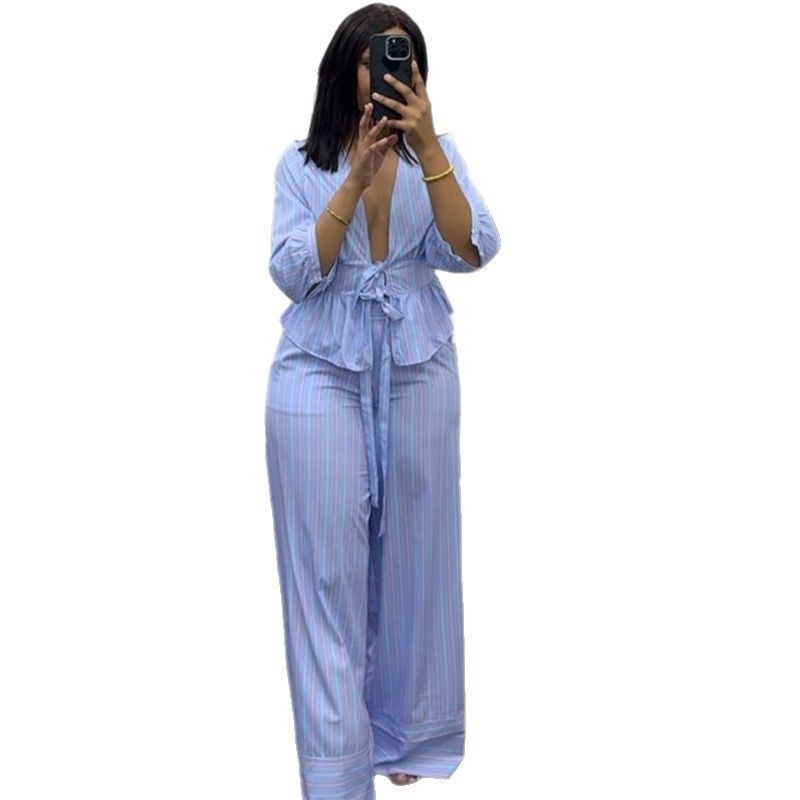 Women's Clothing Women's Sweet V Neck Striped Shirt And Wide Leg Trousers Casual Set Style Spring For Formal & Casual For Women_ecoleips.com