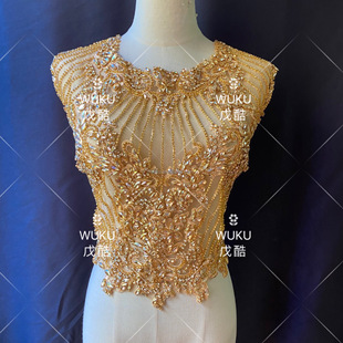 E-cool 2022 champagne new 40X60cm wedding dress heavy handmade crew neck lace applique LA-319