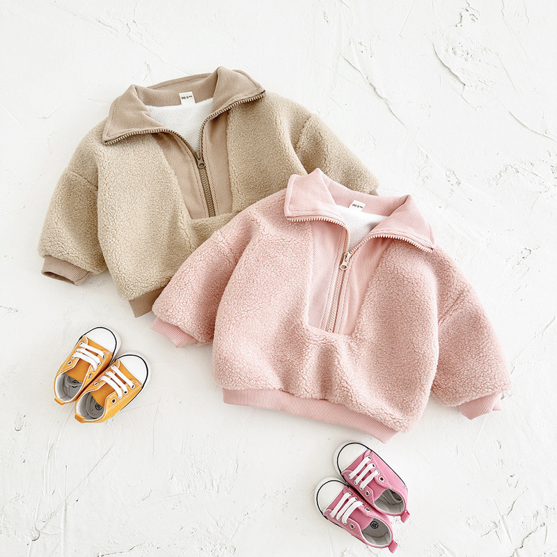 Winter Baby Clothing Boys and Girls Thickened fleece-lined Mao High Collar Zipper Sweatshirt Long Sleeve Top Lambskin