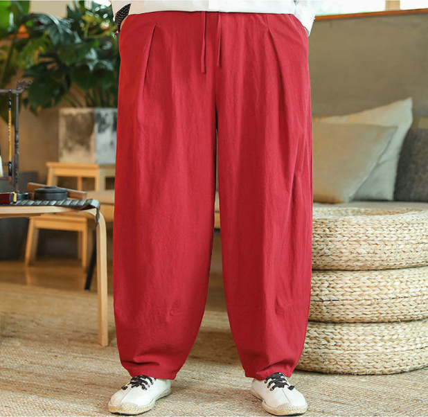 Pantalones de lino hombres sueltos de gran tamaño estilo chino primavera y verano gordo gran entrepierna linterna pantalones casuales pantalones harem pantalones anchos de algodón y lino