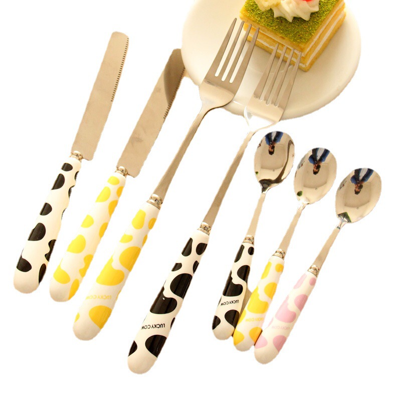Ceramic stainless steel tableware suit cartoon cow single chopsticks gift tableware