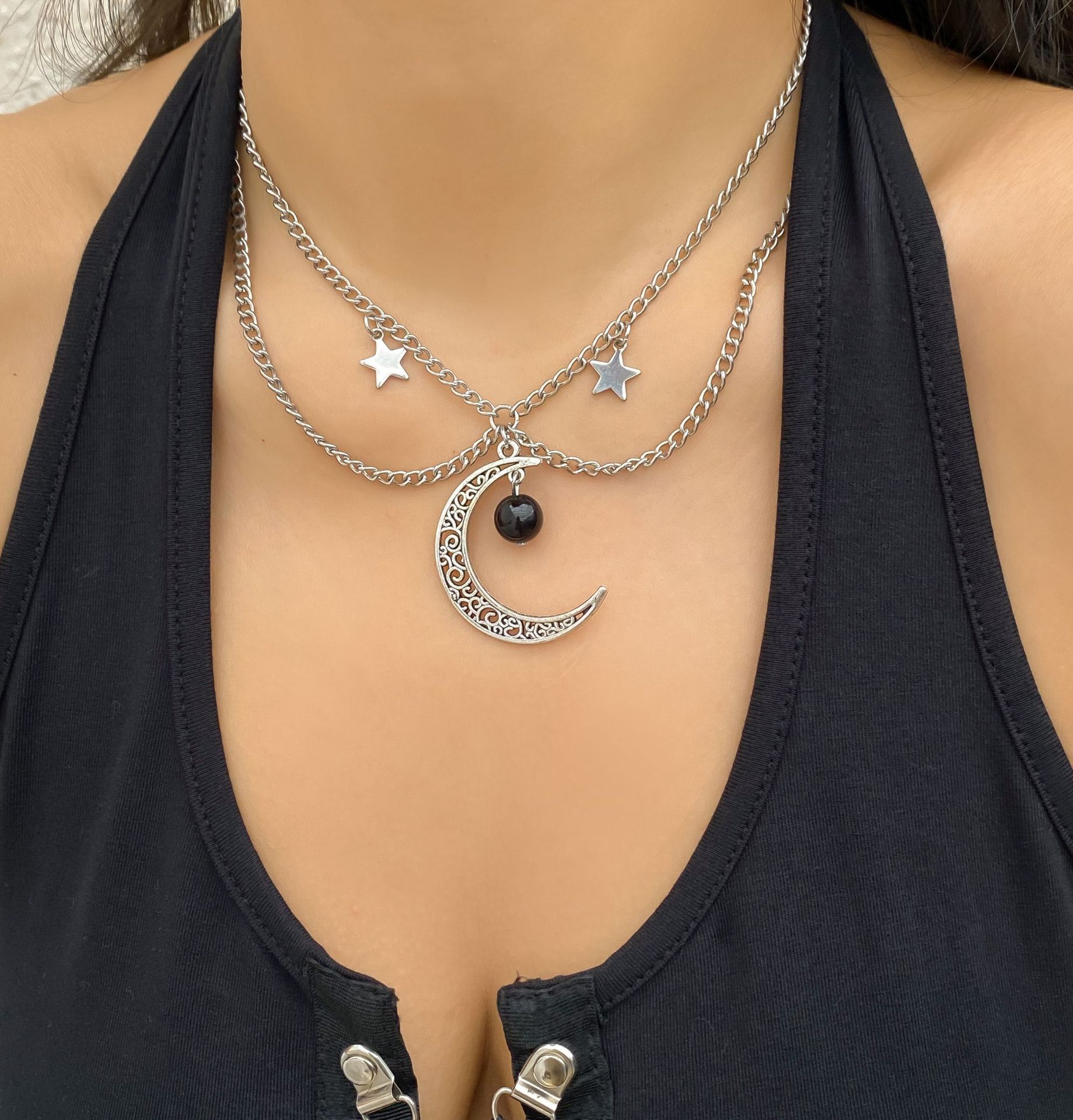 Collier de clavicule polyvalent personnalisé doux et cool à double couche, collier à franges étoile du vent simple et froid_voghion.com