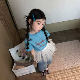 女童套装2026新款蓝色爱心字母印花短袖t恤女童夏季洋气宽松上衣
