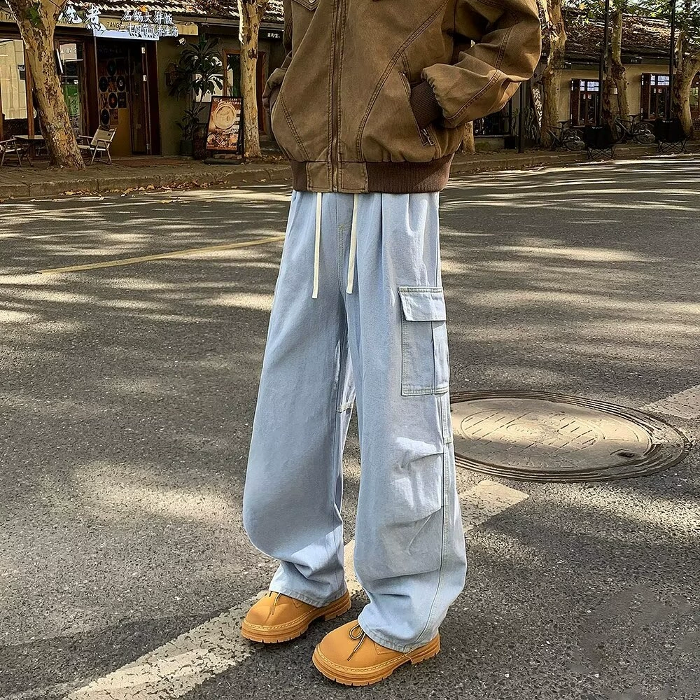 Осенние ретро джинсы, модные брюки, шнурок, американский стиль, oversize, свободный прямой крой