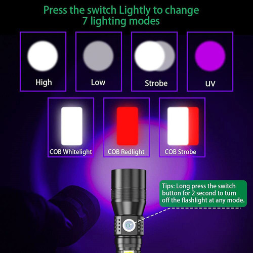 Cross-border USB rechargeable flashlight UV strong light red light UV bright waterproof 7-function COB flashlight