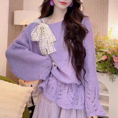 甜美蝴蝶结镂空针织衫毛衣女早秋新款设计感小众宽松显瘦上衣外套