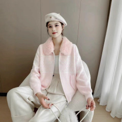 韩系慵懒风毛毛领毛衣外套女秋冬新款甜美温柔双拉链针织开衫上衣