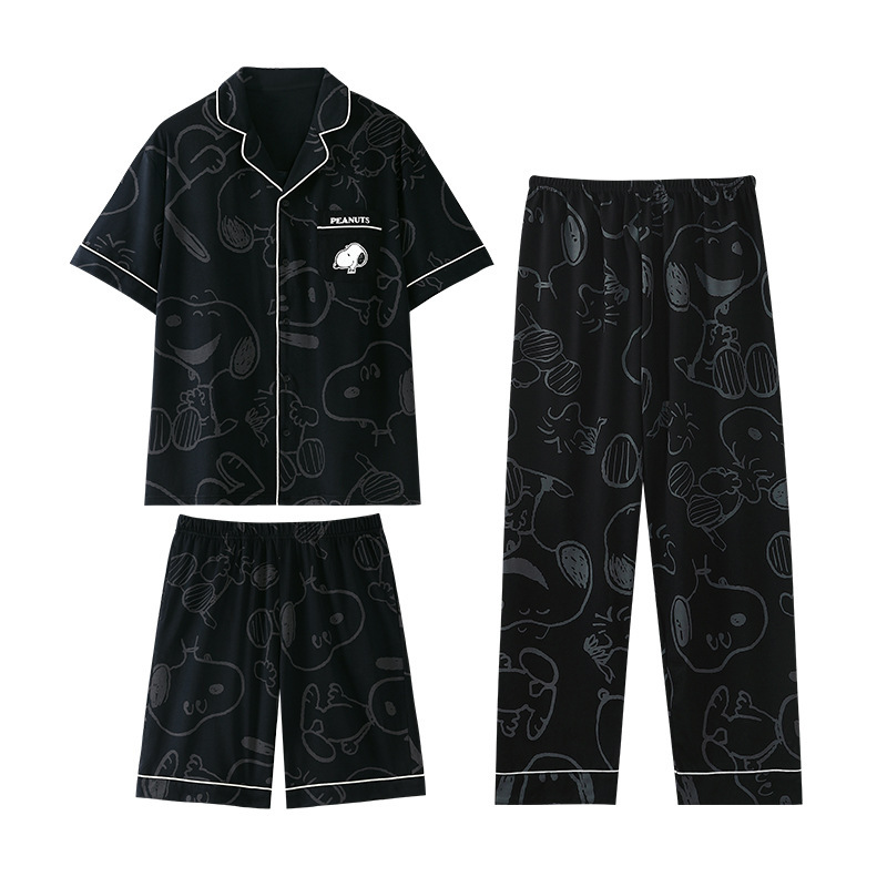 黒スヌーピーパジャマメンズ夏スリーピース純綿半袖ズボン薄いティーンエイジャー綿春と秋のホーム服|undefined