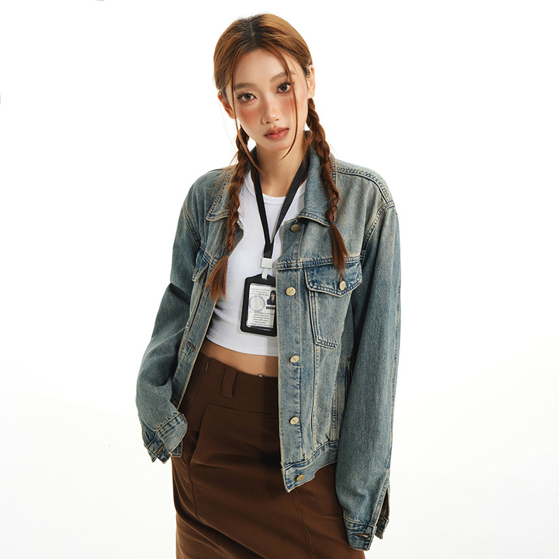 American Retro Blue Denim Jacket for Women 2026 Autumn High-End Loose Denim Jacket Top for Hot Girls