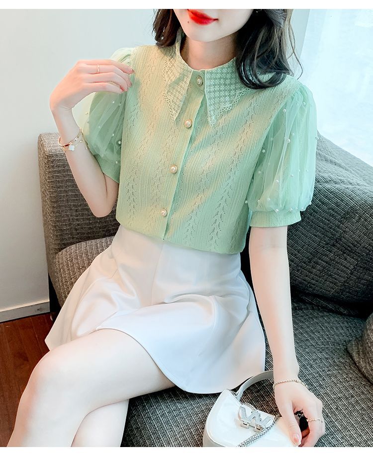 Camicetta da donna in pizzo con maniche a palloncino in rete con perline, cardigan estivo a maniche corte, top trasparente casual, abbigliamento da strada alla moda_voghion.com