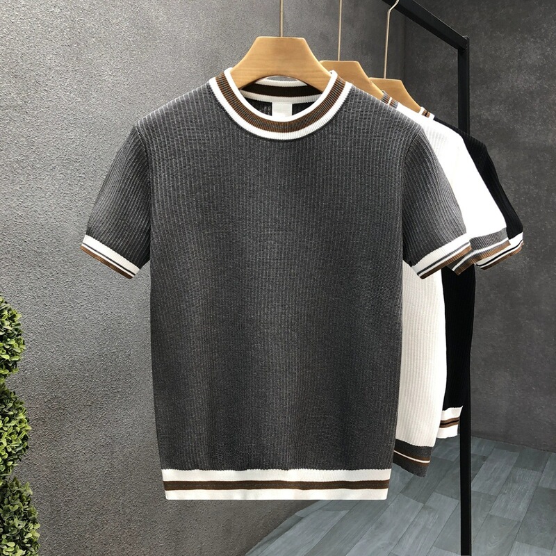 Cross-Border Wholesale Korean-Style T-Shirts with a Mature Vibe, Short-Sleeve Knitwear, Fashionable High-End Retro Color-Blocked Stripes, Premium Men's Clothing