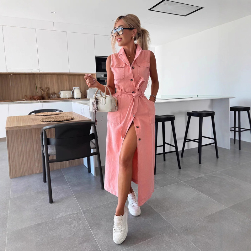 2025 Amazon European and American Style Cross-Border New Sleeveless Long Lace-Up Waist Single-Breasted Denim Dress Nz88