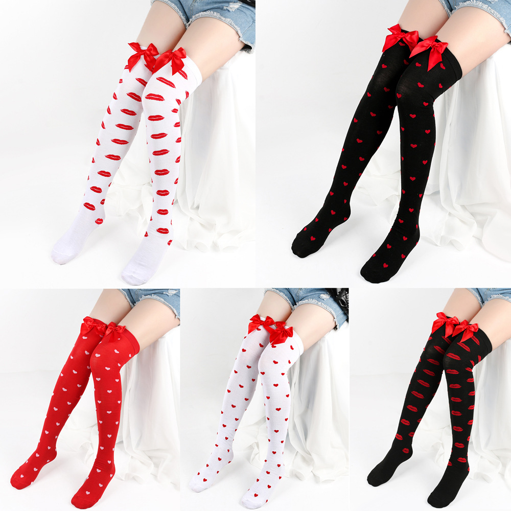 Bekleidungszubehör rote Lippen Liebe Valentinstag Dating Strümpfe Dating Party Overknee-Socken süße Schleife lange Socken_voghion.com