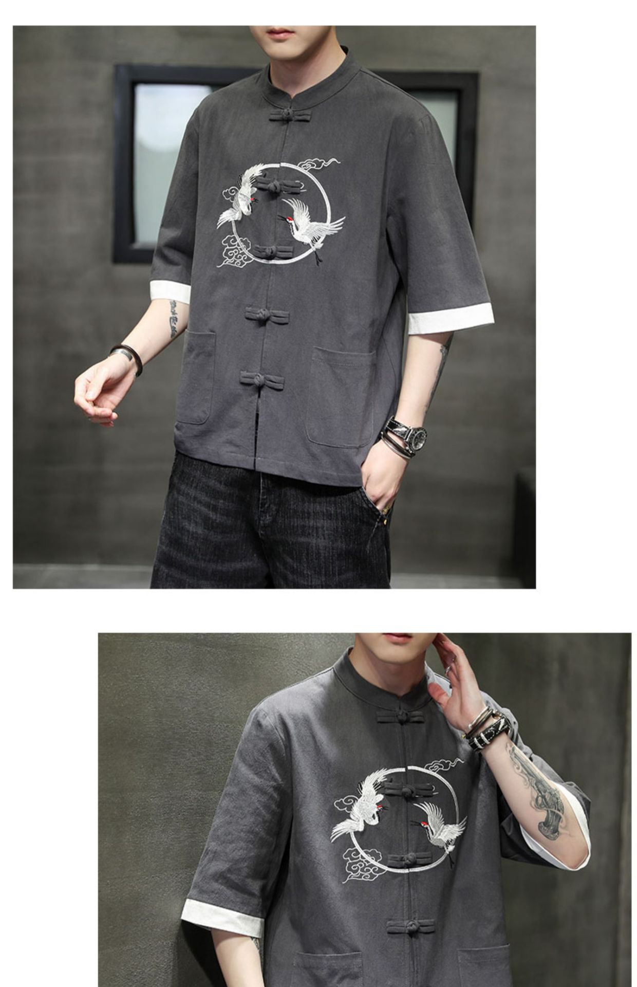2024 Summer Chinese cotton linen short sleeved men's Tang embroidery Han style loose China-Chic shirt men_autovado.com