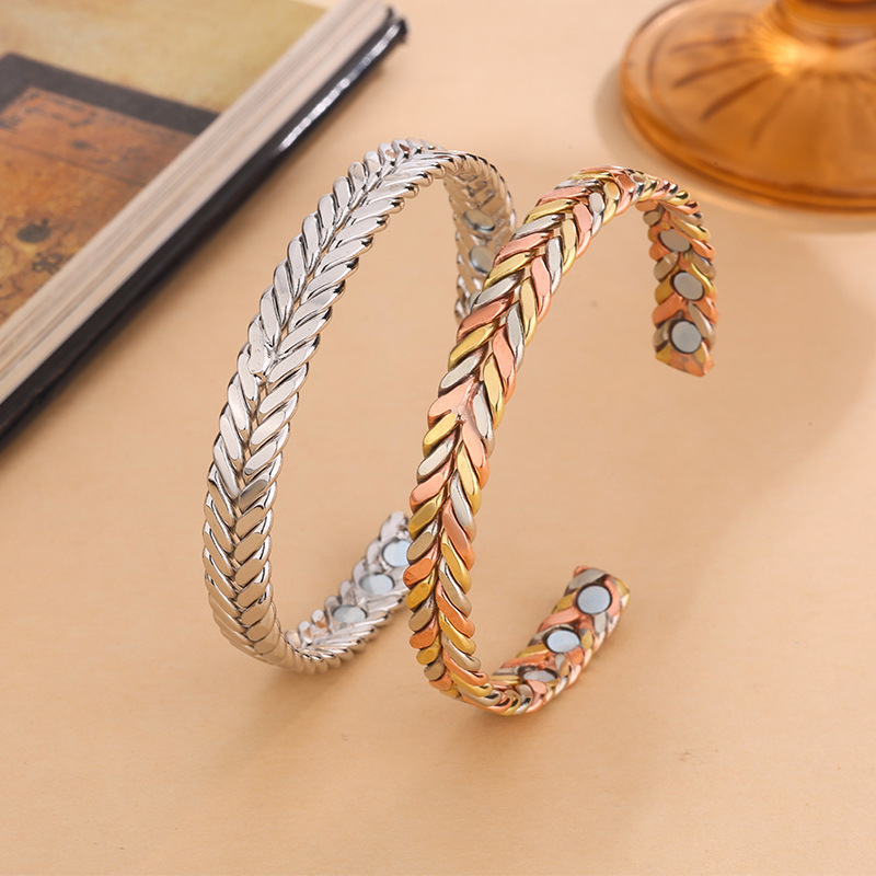 Cross-Border Amazon Aliexpress Women's Three-Color Wheat/Silver/Copper Energy Magnetic Adjustable Pure Copper Bracelet