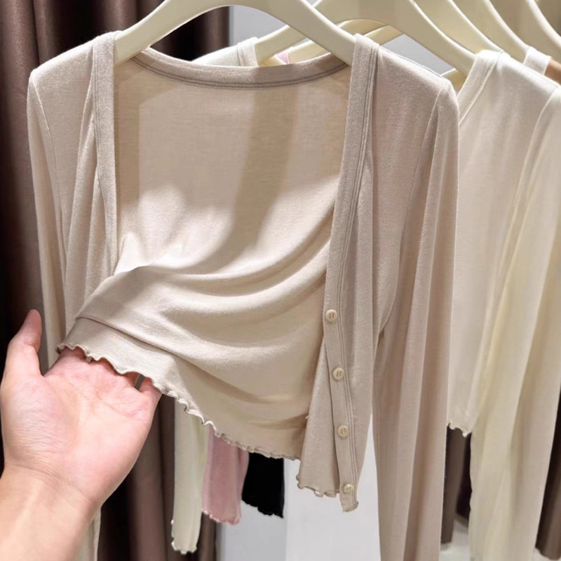 Modal Cotton Cardigan Women's Spring and Autum Blouse Top High-Waisted Short Style Can Be Paired with Suspender Dress Versatile Outer Wear