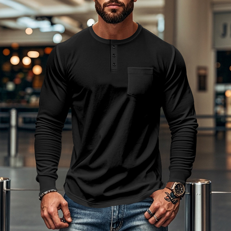 Herr t-shirt slim fit långärmad rund hals för höst och vinter_voghion.com