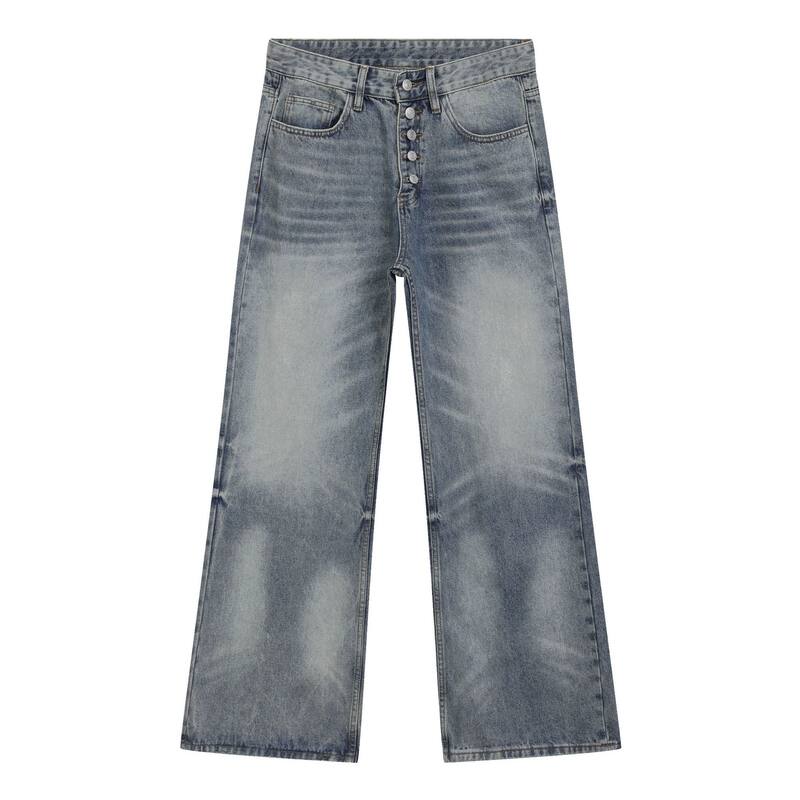 Quần jean ống rộng nam phong cách high street retro, vân râu mèo, thiết kế cúc cài kiểu Mỹ, ống đứng — Màu xanh dương