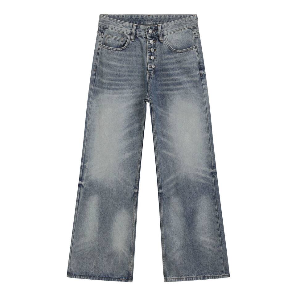 Quần jean ống rộng nam phong cách high street retro, vân râu mèo, thiết kế cúc cài kiểu Mỹ, ống đứng — Màu xanh dương