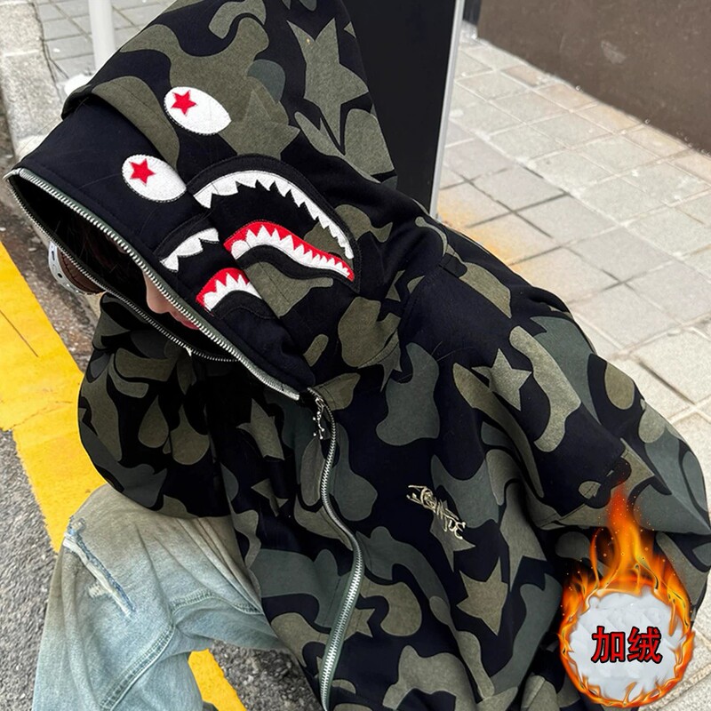 American Retro Style Fleece-Lined Double-Hood Camouflage Zip-Up Hoodie Original National Trend Spring and Autumn Unisex Shark Quirky Design American Retro Style Fleece-Lined Double-Hood Camouflage Zip-Up Hoodie Original National Trend Spring and Autumn Unisex Shark Quirky Design