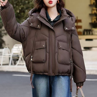 Fashionable All-match Hooded Thickened Cotton-padded Coat Women's 2024 Winter Solid Color Pocket Zipper Small Loose Warm Jacket