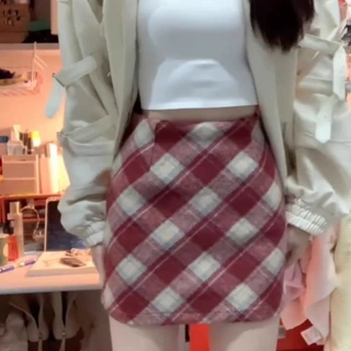 大码微胖MM毛呢半身裙秋冬复古短裙女高腰A字格子包臀裙梨形身材