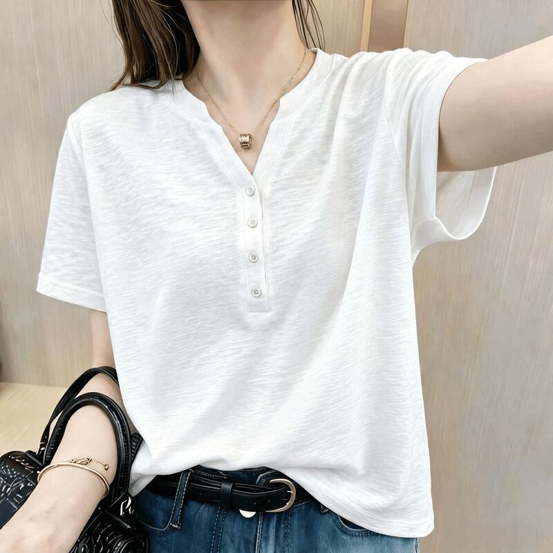 Elegant Plus-Size Bamboo Cotton V-Neck T-Shirt for Women, Loose and Relaxed Short-Sleeve Top, 2026 Summer Korean Style, Slimming and Relaxed Feel