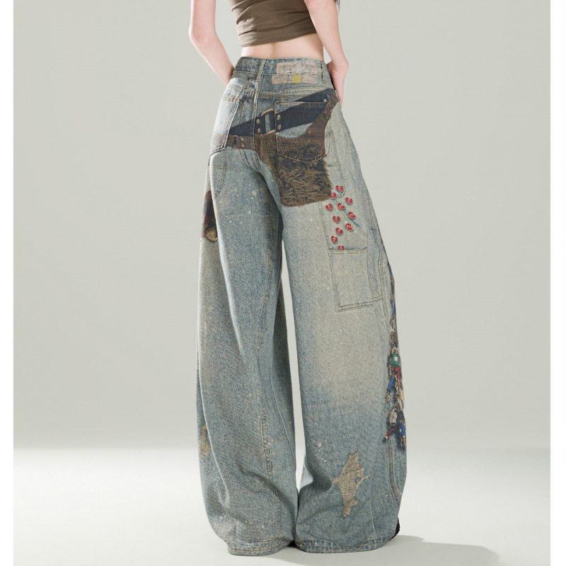 Men's Vintage Washed Print Jeans Hip-Hop Straight-Leg Loose Fit Denim Blue Breathable Polyester Blend S-3XL_mkmklike.com