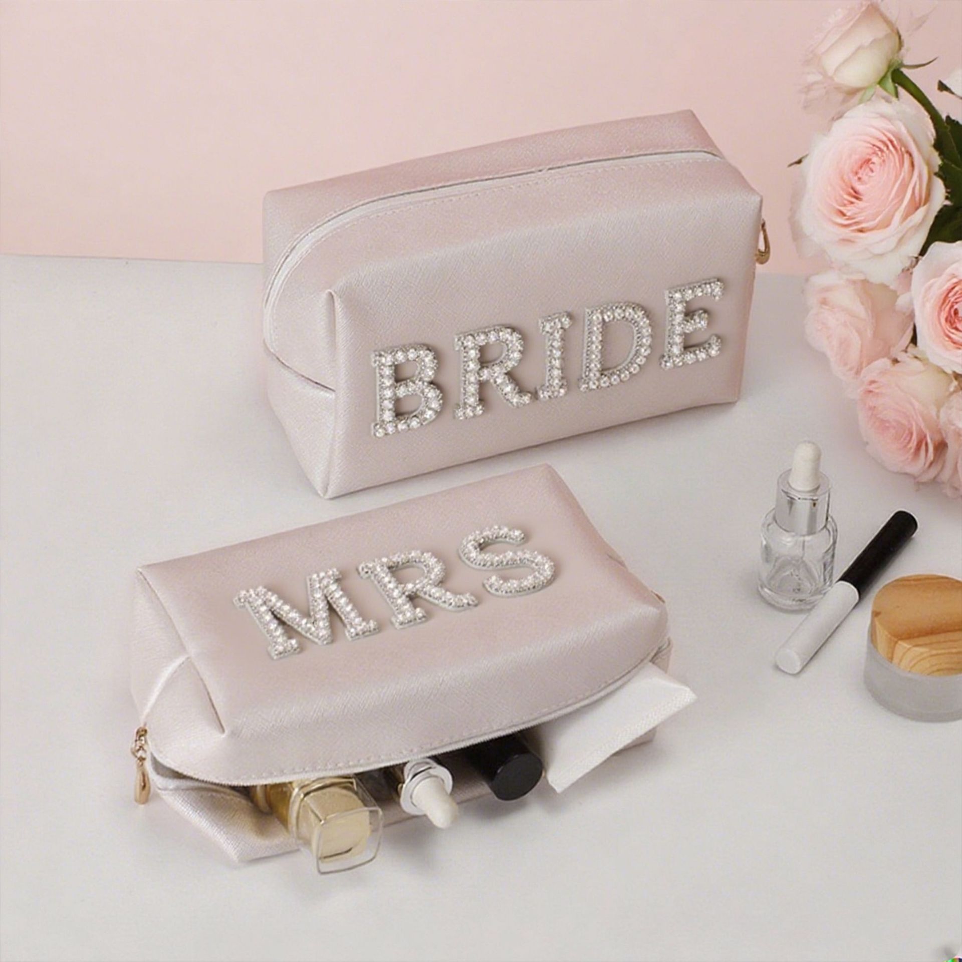 Cross-Border Exclusive Pearl Letter Cosmetic Bag Bridal Wedding Mrs/Bride Makeup Storage Bag Amazon Bestseller