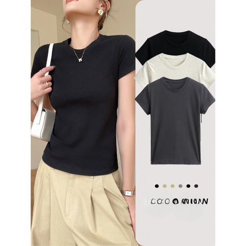 Pure Color Small Round Neck Short Sleeve Women's Spring Summer Outerwear Plus Size Fitted Base Shirt