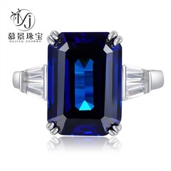 慕景珠寶 2023新款S925銀祖母綠切割10*14皇家藍戒指女歐美跨境款