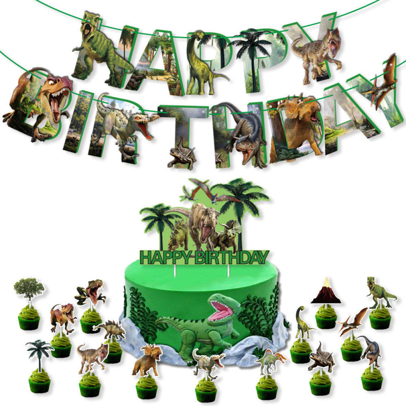 Original New Dinosaur Theme Birthday Party Flag Cake Card Set Kidsren's Birthday Banner Decoration Supplies