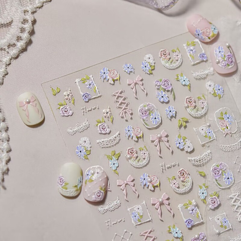 Tomoni Manicure Relief Retro Oil Painting Sweet Girl Girl Heart Ballet Lace Garden Bow Nail Sticker