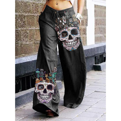 2025 Western and Eastern Halloween Skull Print Women's Casual Pants Wide Leg Pants