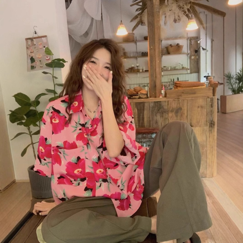 American Style Japanese Style Peach Blossom Powder Casual Hawaiian Style Shirt Women's Hong Kong Style Sweet Cool Personality Retro Printed Shirt Trendy