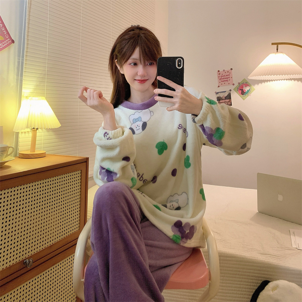 플란넬 파자마 국경 도매 파자마 여성의 가을과 겨울 플란넬 두꺼운 소녀의 홈 의류 세트