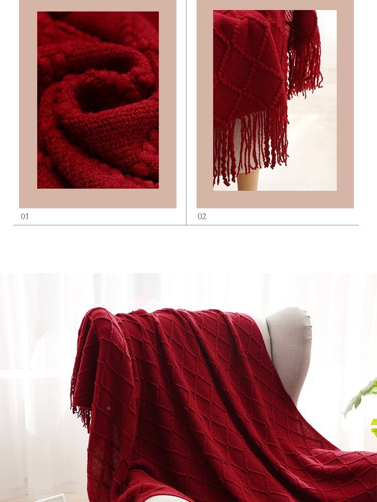 Red duvet, sofa, knitted cloak
