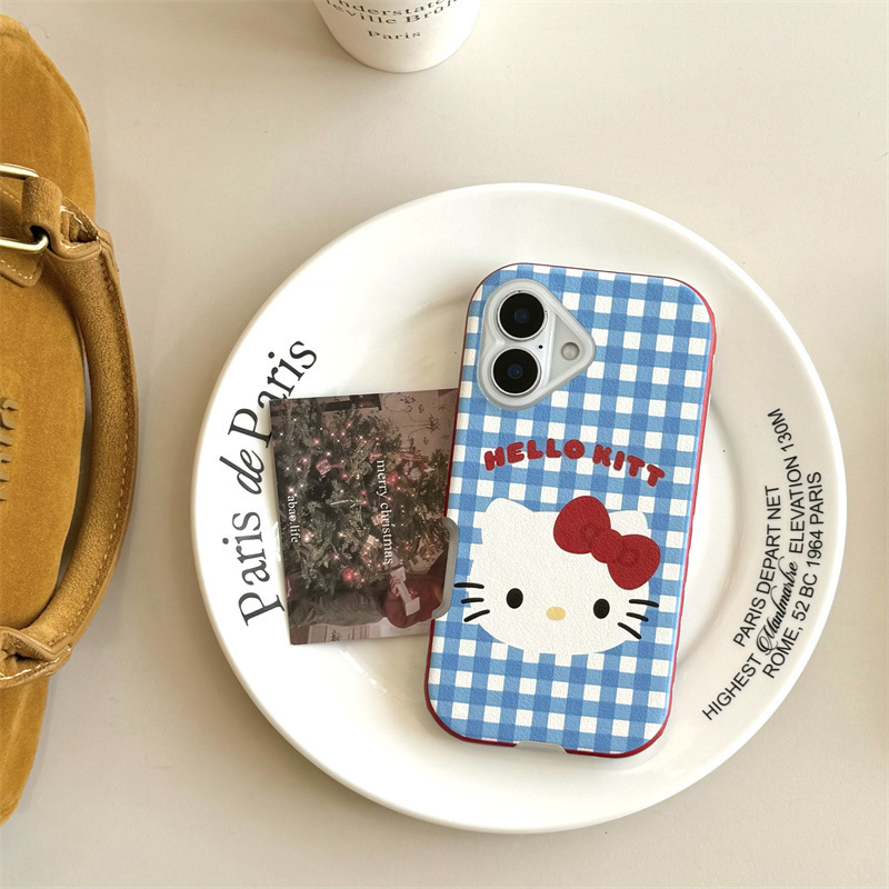 Gato kt a cuadros azul coreano de nicho para Apple 15pro/16pro Fun 14 Bowknot 13p girl