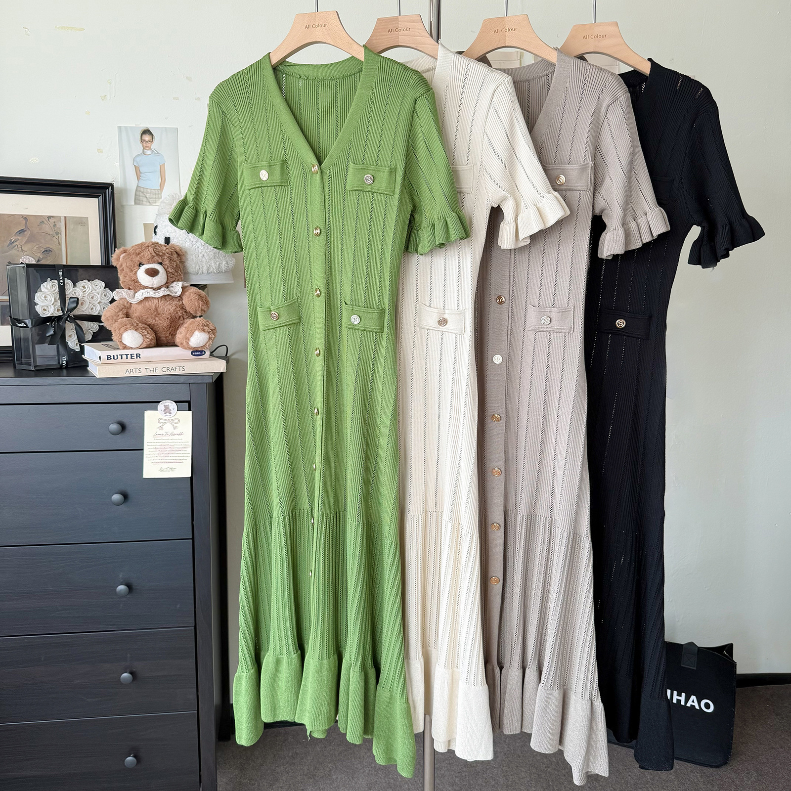 French Retro-style High-end Knitted For Women, Summer Ruffle Single-breasted Design, Elegant And Luxurious Long Dress_ecoleips.com