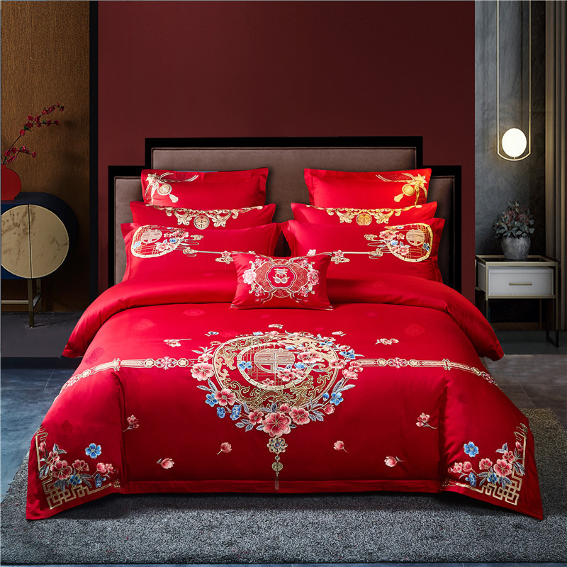 Wedding celebration 140 Cotton Embroidery Wedding celebration Four piece suit Cotton Embroidery Hi marry bedding marry bright red Ten