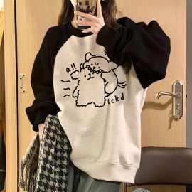 网红同款秋冬加绒加厚插肩袖卫衣女2025新款宽松oversize套头拼接