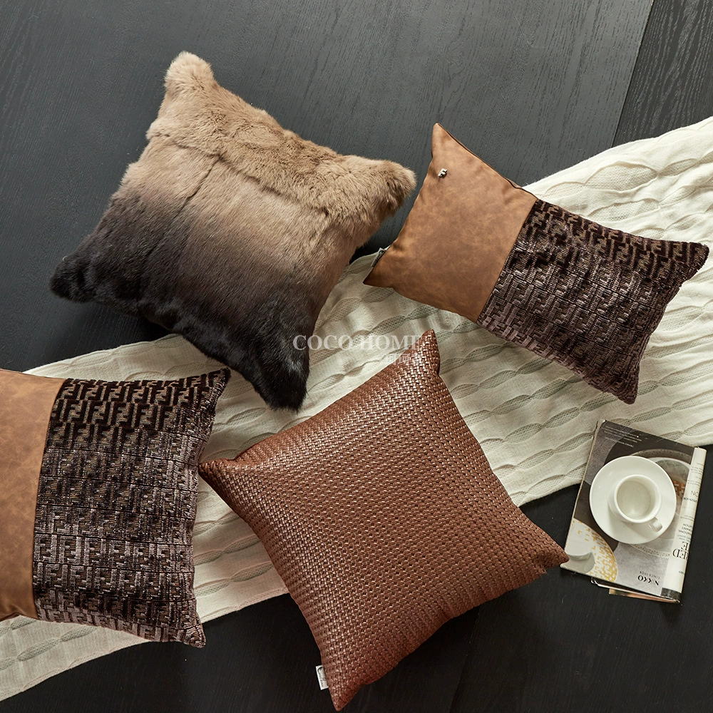 French light luxury brown sofa pillow with pillow connected to villa living room embossed PU cushion waist pillow model room high-end