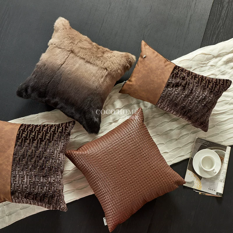French light luxury brown sofa pillow with pillow connected to villa living room embossed PU cushion waist pillow model room high-end