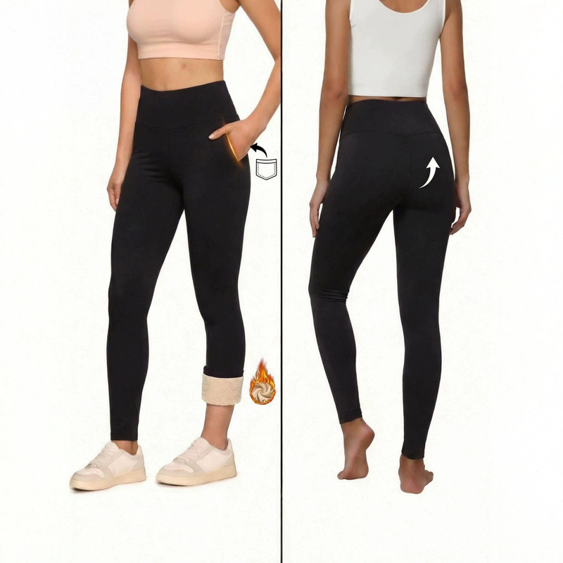 High-waisted, fleece-lined leggings for women, featuring a slimming design, hip-lifting effect, and elastic fabric, perfect for autumn and winter, with pockets and suitable as long pants or base layers