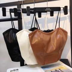 Spring and Summer New Trend Chic Girl Beautiful Backless Tank Top Women PU Leather Fitted Outerwear Sleeveless Base Layer Shirt