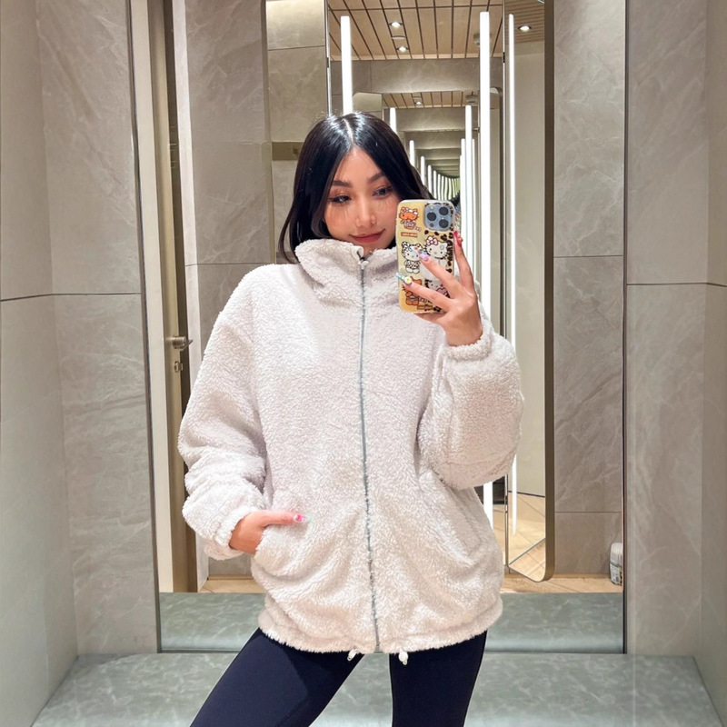 Textured Fleece Lulu Women's Textured Brushed Drawstring Zipper Jacket Lamb Wool Autumn and Winter Women