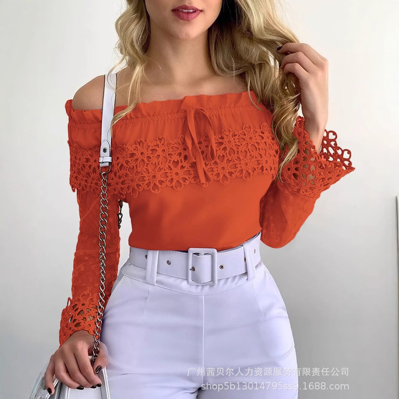 新商品の欧米の婦人服のピンクの肩の透かし彫りのレースの上着|undefined