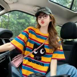 胖mm300斤特大码美式复古卡通条纹短袖T恤女夏季宽松减龄潮牌上衣