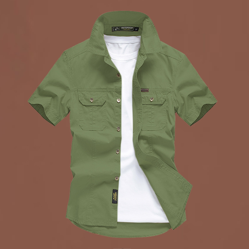 Casual suelta camisa de manga corta para hombres nueva camisa de color sólido de tamaño grande de verano de trabajo de bolsillo superior