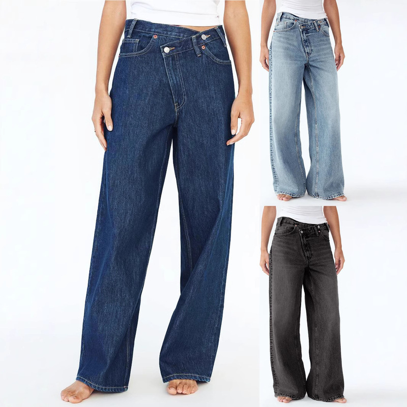2025Temu New European and American Cross-Border Wholesale Amazon Aliexpress Casual Straight-Leg Pants Diagonal Buckle Jeans